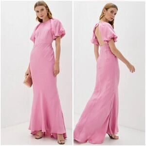 True Decadence Satin Maxi Dress Puff Sleeve Cut Out Formal Gown Wedding Guest